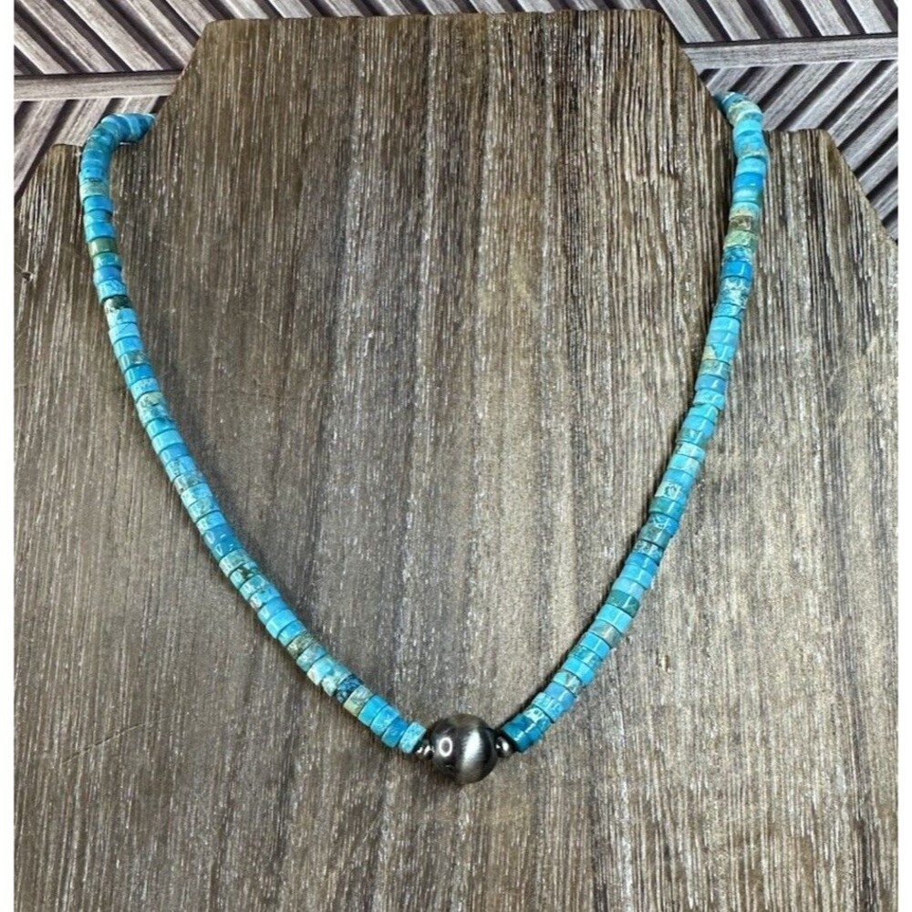 Southwest 925 Silver Kingman Turquoise 4MM Heishi /10MMDesert Pearl Necklace 14”